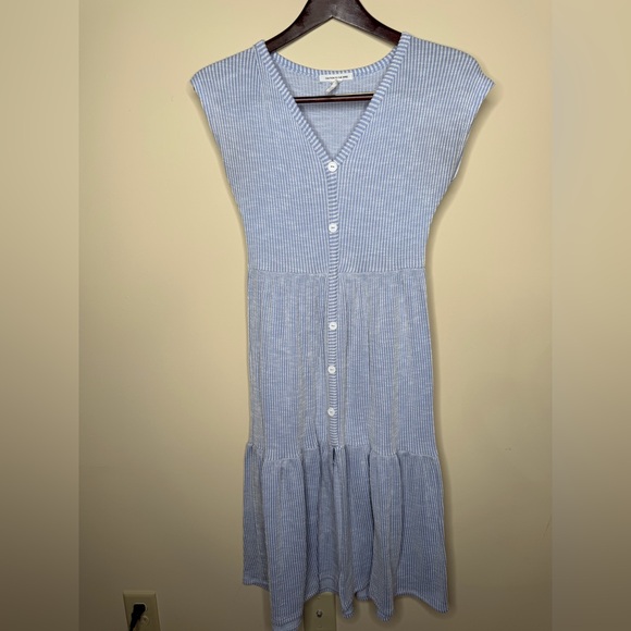 Caution To The Wind Blue White Pinstripe Tiered Fit Flare Knit Midi Dress French - Picture 4 of 5